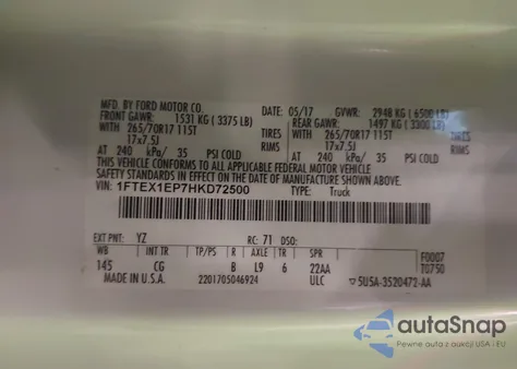 2017 Ford F150 Super Cab z USA, uszkodzony, nr VIN 1FTEX1EP7HKD72500